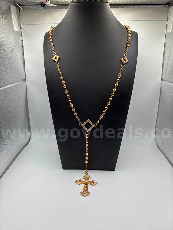 Stunning, 24k Gold Filled, Modern Pavé Rosary Y-Necklace with CZ Cross Pendant.