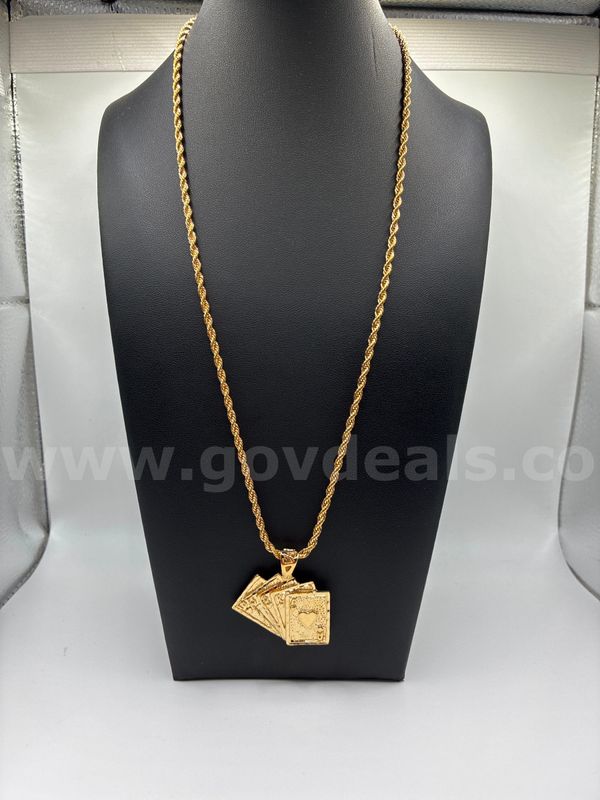 3mm Rope Chain, W/ Hearts Royal Flush Pendant, 24K Real Gold Plated! FREE SHIP W/ BUY IT NOW