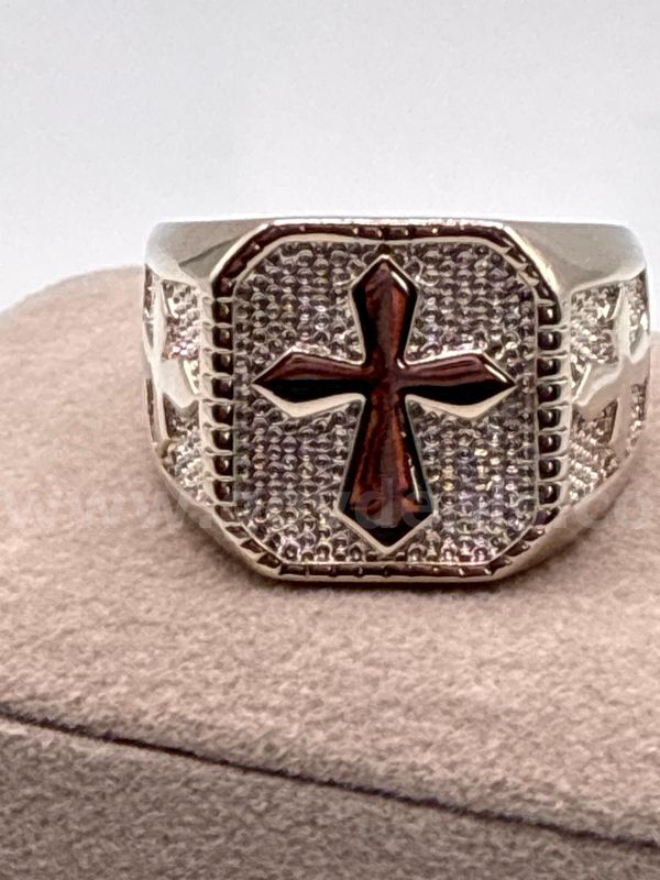 Gorgeous, Men’s, Size 8, Rhodium Clad (Silver), Textured Cross Signet Ring
