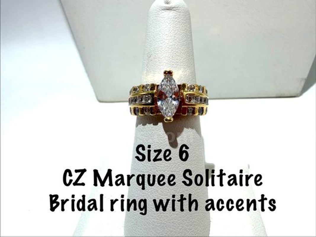 Beautiful, Size 6, 24k Gold Filled, Ladies, CZ Diamond Solitaire Marquee, CZ Diamond Accents
