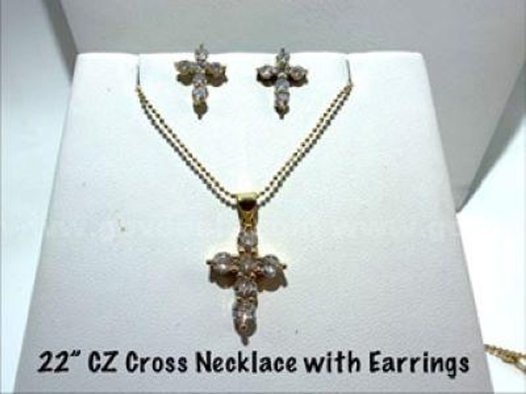 Beautiful, 22 Inch, CZ Diamond Cross Necklace W/Matching Earring Set 24k Real Gold Filled