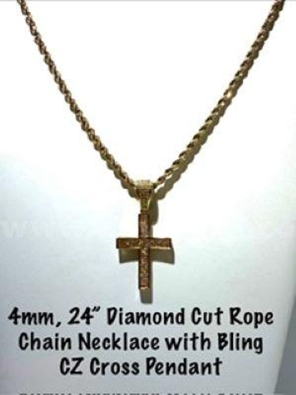 Beautiful, 4MM, 24" 24k Gold Filled, Diamond Cut Rope Chain W/Large CZ Bling Bling Cross