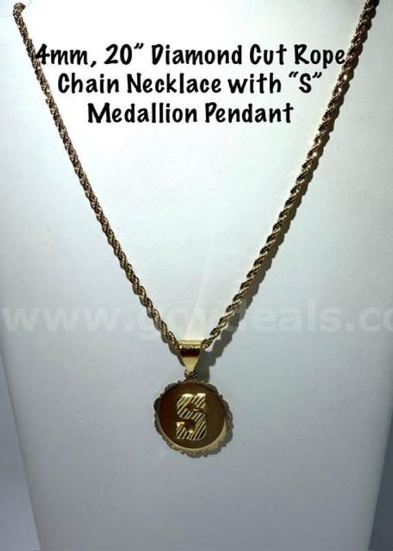 Beautiful, "S" Initial Medallion Pendant, W/4MM, 20”, 24k Gold Filled, Diamond Cut Rope Chain
