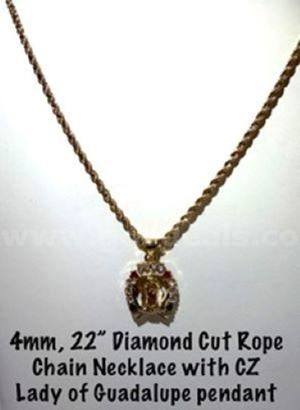 Attractive, CZ, Diamond, Lady of Guadalupe Pendant, W/4MM, 22”, 24k Gold Filled Diamond Cut Rope Chain