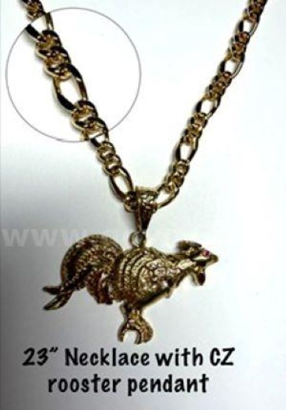 Unique, CZ Rooster Pendant, W/23" Figaro, 24k Gold Filled Necklace