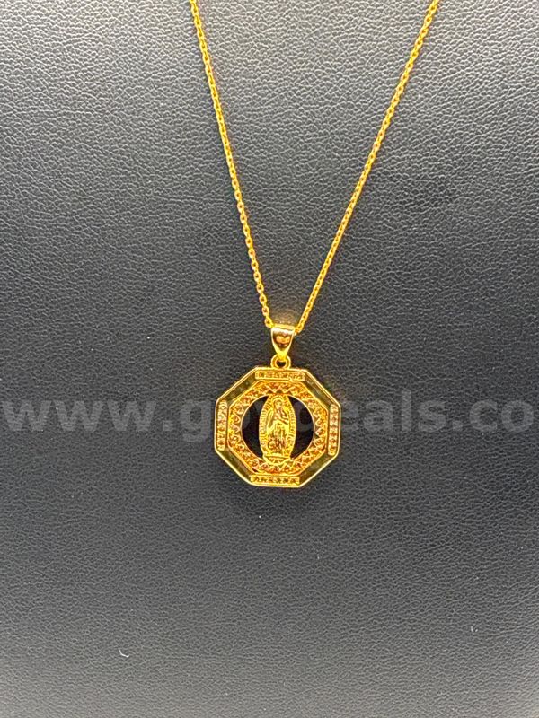 Dainty, 24K Gold Filled, 17.5” Cable Chain Necklace W/ Virgin Mary Octagon Medallion.