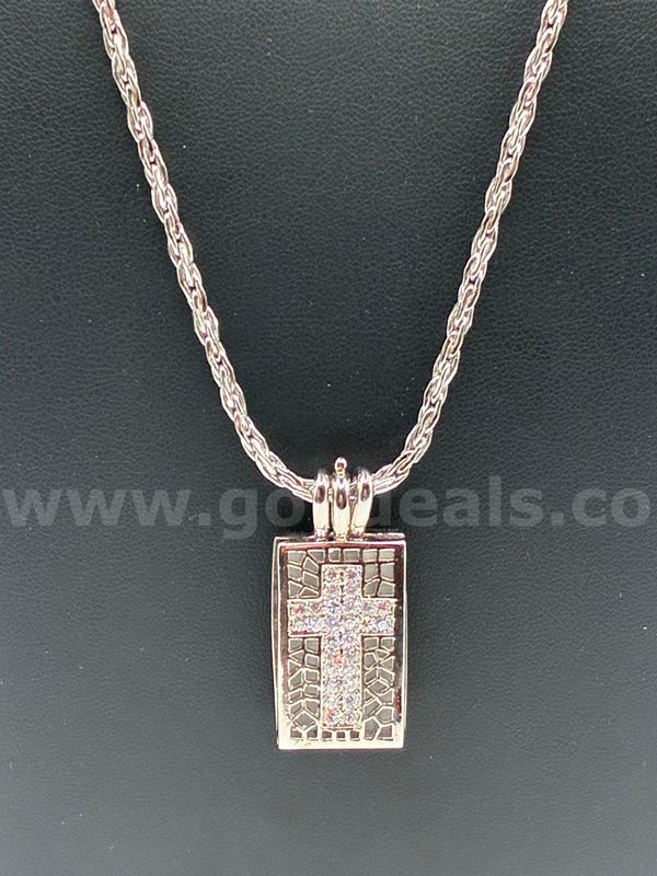Rhodium Clad (Silver), Double Sided CZ Mosaic Pavé Cross Rectangular Pendant W/ 22” Diamond-Cut Wheat Necklace.
