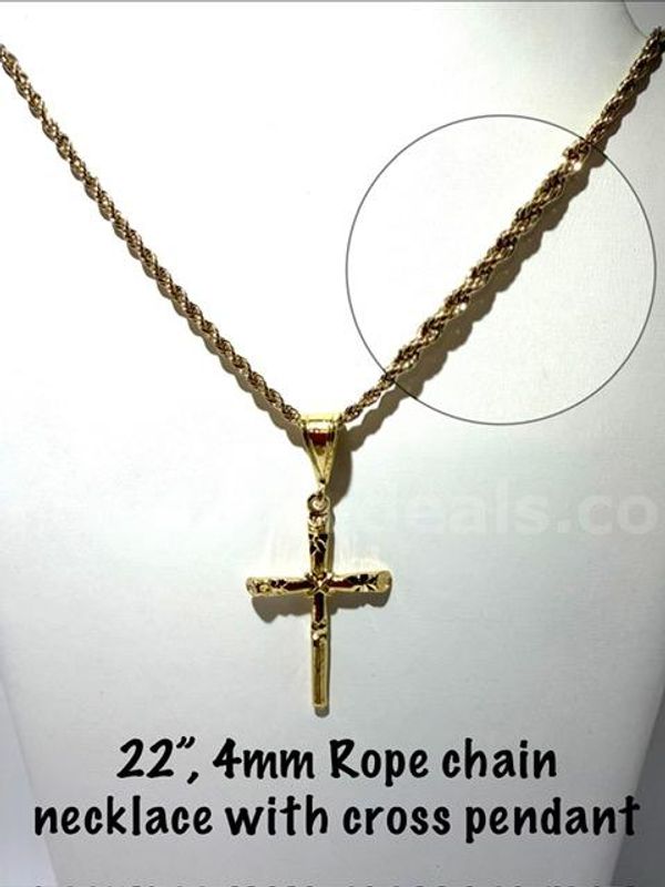 Beautiful, 24k Gold Filled, Cross Pendant, W/22 Inch, 4MM Diamond Cut Rope Chain Necklace