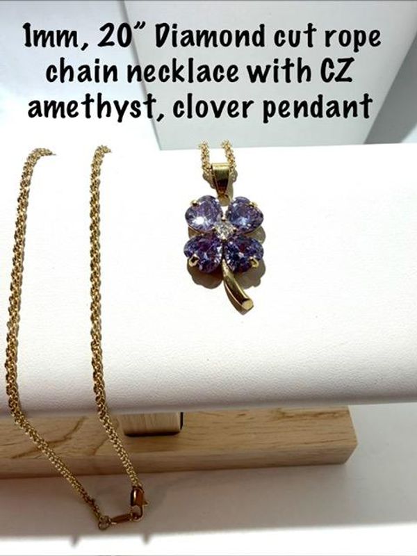 Beautiful, Cubic Zirconia (February) Amethyst Clover Pendant, W/1MM, 20", 24k Filled Rope Chain