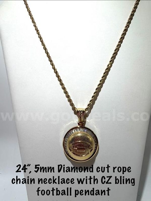 Gorgeous, Cubic Zirconia, Diamond, Football Medallion, W/5MM, 24 Inch Diamond Cut Rope Chain