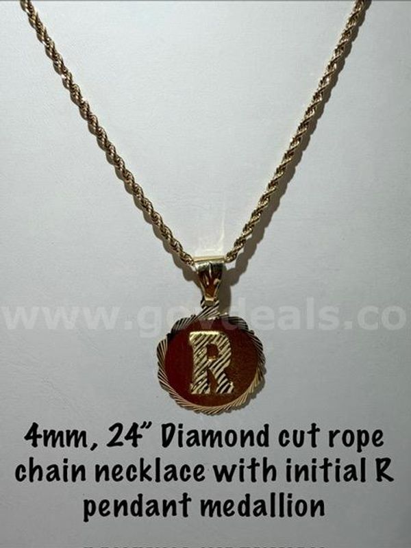 Beautiful, "R" Initial Medallion, W/24k Gold Filled, 4MM, 24 Inch Diamond Cut Rope Chain