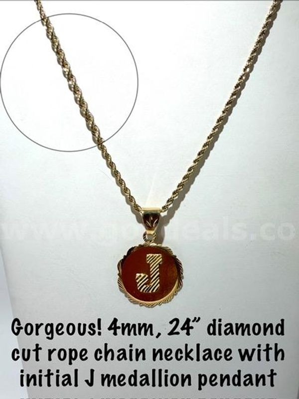 Beautiful "J" Initial Medallion, on a 4MM, 24 Inch, Diamond Cut, 24k Gold Filled, Rope Chain