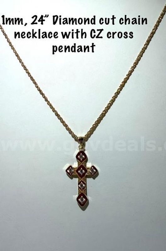 Gorgeous, CZ Diamond Cross, W/1MM, 24 Inch, Diamond Cut, 24k Gold Filled Rope Chain