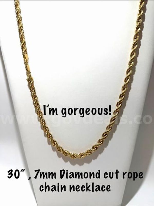 Eye Opening, 24k Gold Filled, 7MM, 30 Inch, Diamond Cut Rope Chain Necklace