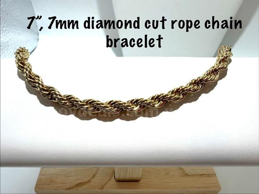 Gorgeous, 7 Inch, 7MM, 24k Gold Filled, Diamond Cut Rope Chain Bracelet