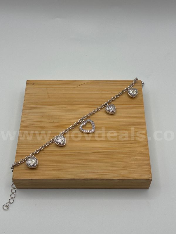 Ladies, Rhodium Filled (Silver), 7” plus 1/2”, Sweetheart CZ Charm Bracelet.