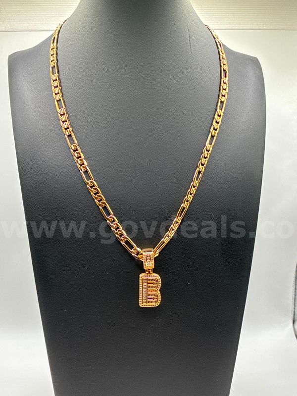 20” Figaro Necklace W/ 1 1/2” Iced Out CZ Letter “B” Pendant. 24K Real Gold Filled.