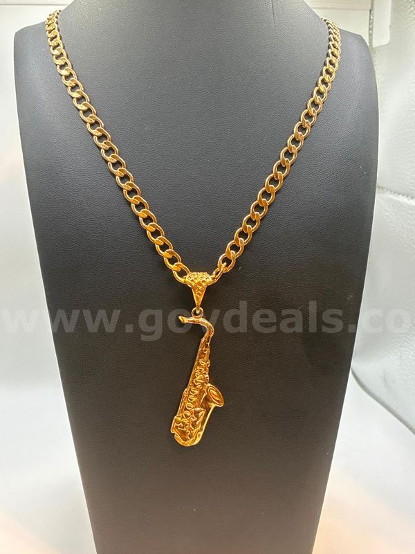 24” Flat Curb Link Chain, W/ 3” Saxophone Pendant. 24k Real Gold Filled.