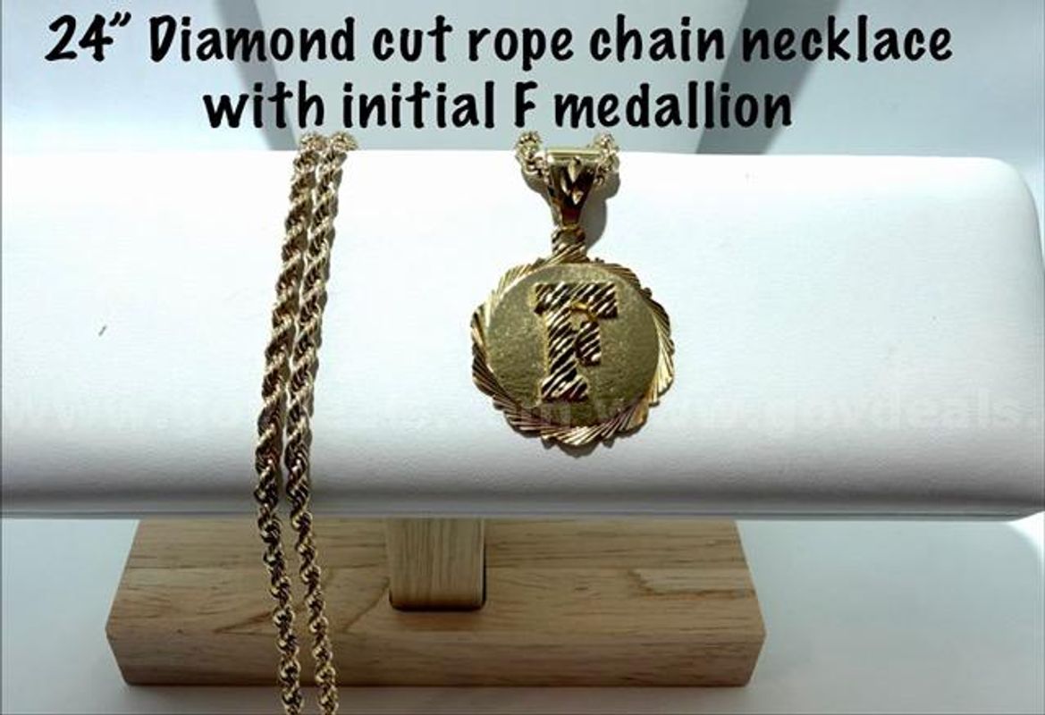 Attractive, Initial "F" Medallion, W/24", Diamond Cut, 24k Gold Filled, 4MM, Rope Chain