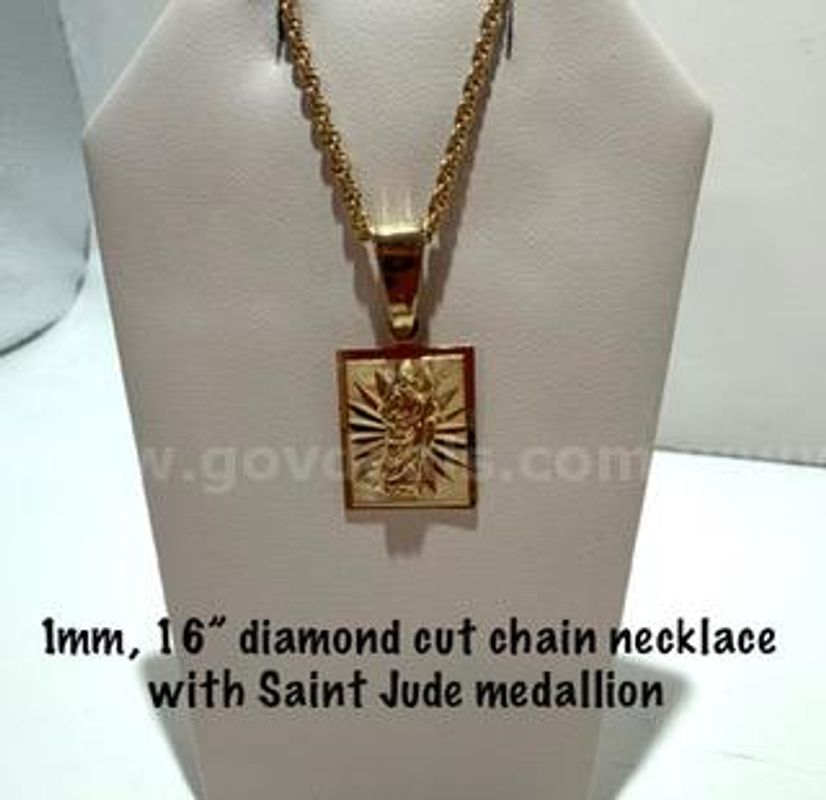 Gorgeous, St Jude Pendant Medallion, W/1MM, 16 Inch, Diamond Cut, 24k Gold Filled, Rope Chain