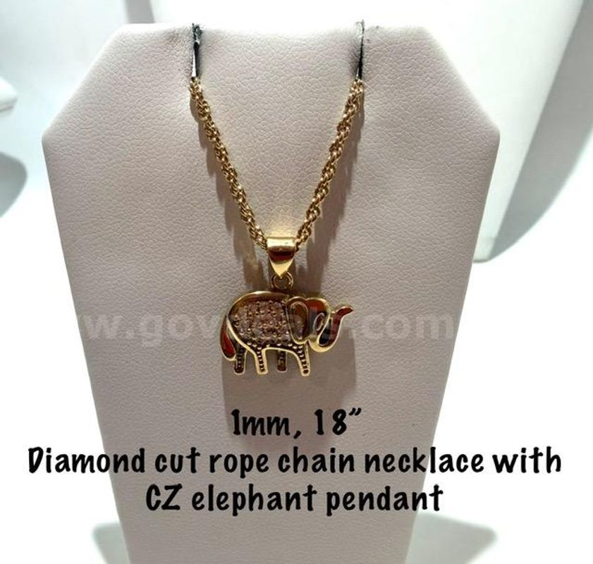 Adorable, CZ Elephant Pendant, W/1MM, 18 Inch, 24k Gold Filled, Diamond Cut Rope Chain