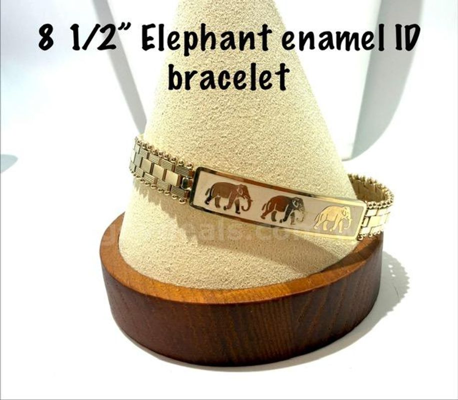 Beautiful, 8 1/2 Inch, 24k Gold FIlled, Enamel Elephant ID Link Bracelet