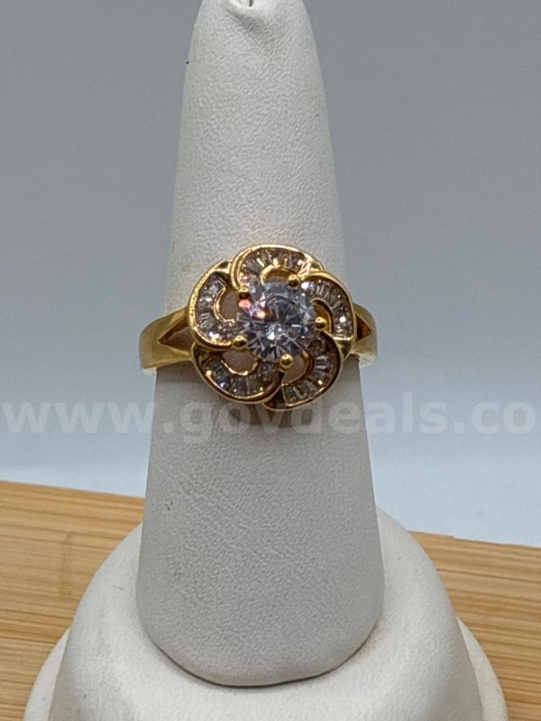 Stunning, Ladies, Size 9 , CZ Floral-Halo Engagement Ring, 24K Real Gold Filled.