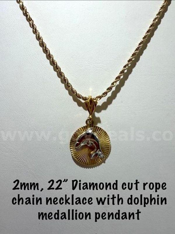 2MM, 22 Inch, 24k Gold Filled, Diamond Cut Rope Chain W/Dolphin Medallion Pendent