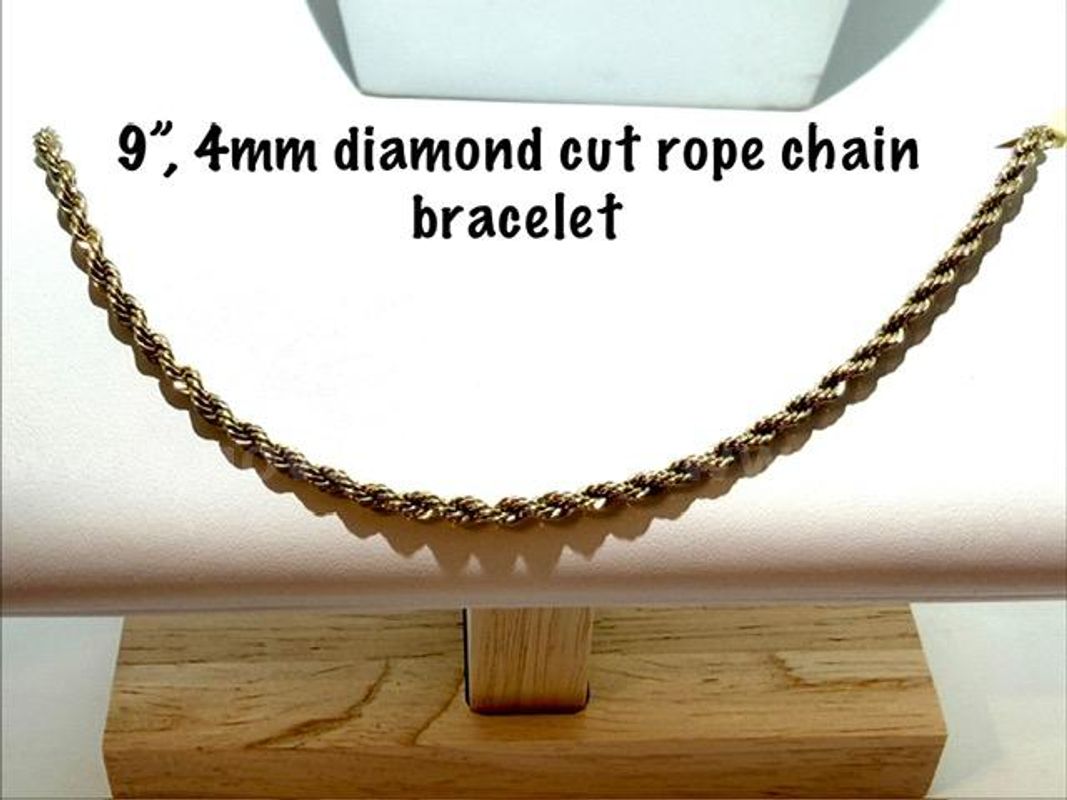 4MM, 9 Inch, 24k Gold Filled, Diamond Cut Rope Chain Bracelet