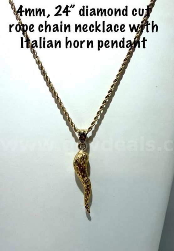 Beautiful, Italian Horn Pendant, W/4MM, 24 Inch, 24k Gold Filled, Diamond Cut Rope Chain