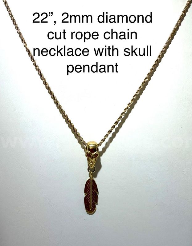 Unique, Skull and Feather Pendant, W/2MM, 22 Inch, Diamond Cut, 24k Gold Filled, Rope Chain