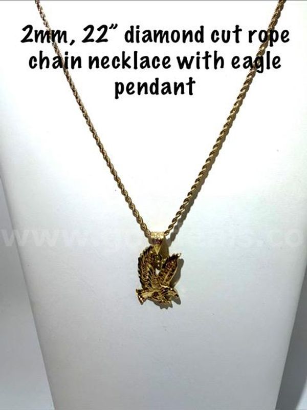 Gorgeous, 2MM, 22 Inch, 24k Gold Filled, Diamond Cut Rope Chain W/Eagle Pendant