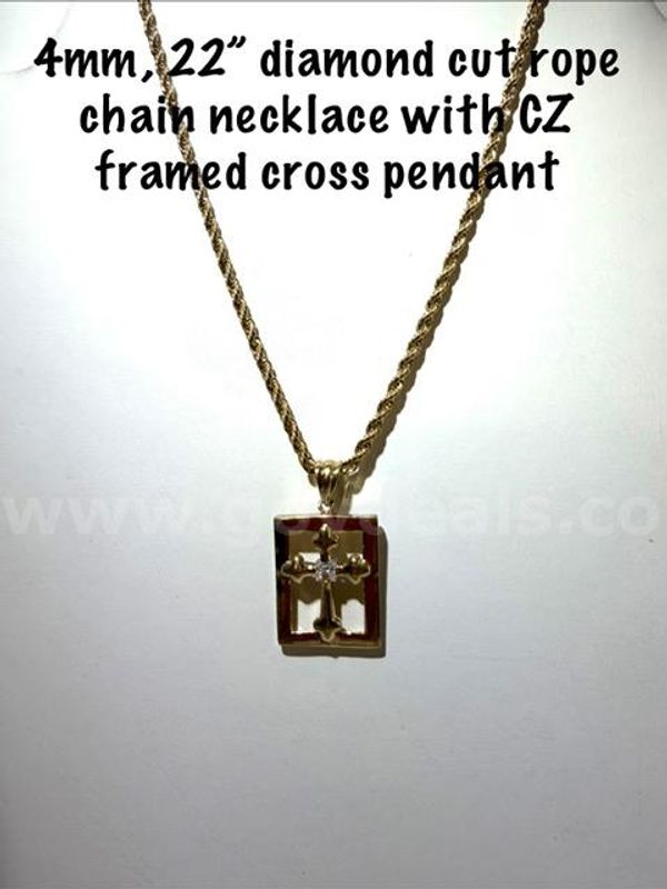 Gorgeous, CZ Framed Cross Pendant, W/4MM, 22 Inch, Diamond Cut, 24k Gold Filled, Rope Chain