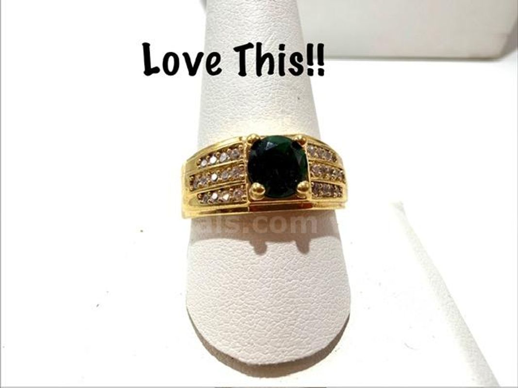 Beautiful, Men's, Size 10 1/2, 24k Gold Filled, Cubic Zirconia Emerald Ring