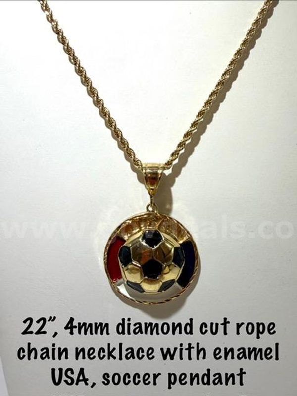 Beautiful, Unique, 24k Gold Filled, USA Soccer Pendant, W/4MM, 22” Diamond Cut Rope Chain