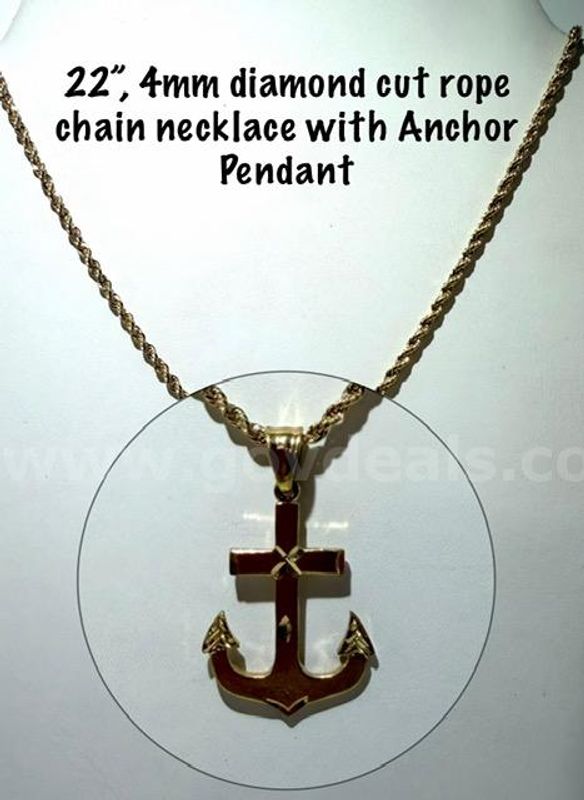 Beautiful, 24k Gold Filled, Diamond Cut Anchor Pendant, W/4MM, 22 Inch, Rope Chain Necklace