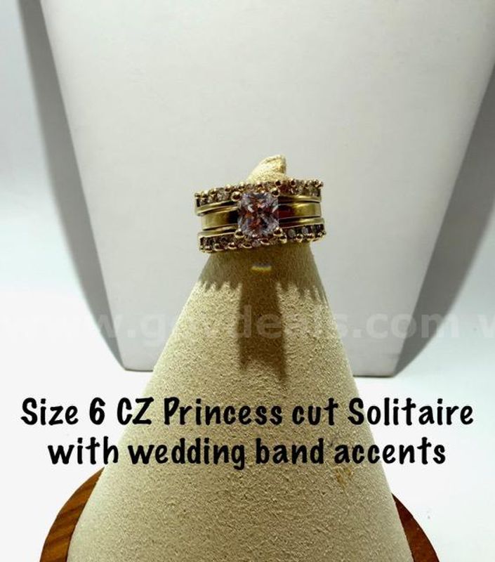 Gorgeous, Size 6, 24k Gold Filled, 2 PC, CZ Princess Cut Diamond, Solitaire Bridal Set