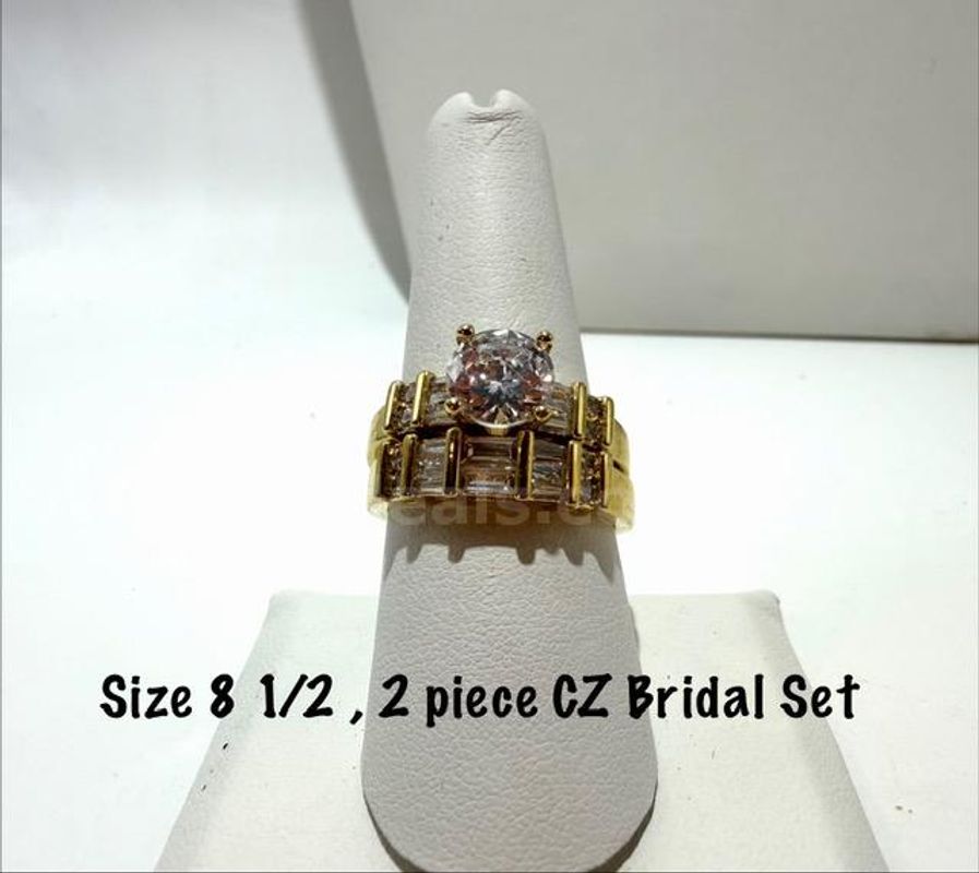 2-Piece, 24k Gold Filled, Cubic Zirconia Diamond, Bridal Set, Size 8 1/2