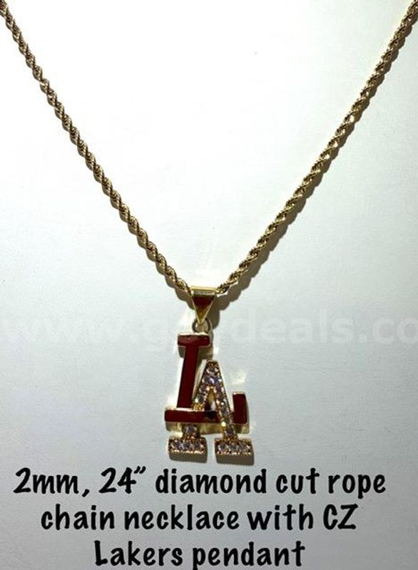 Attractive, 24k Gold Filled, CZ "LA" Dodgers Pendant, W/2MM, 24 Inch, Diamond Cut Rope Chain