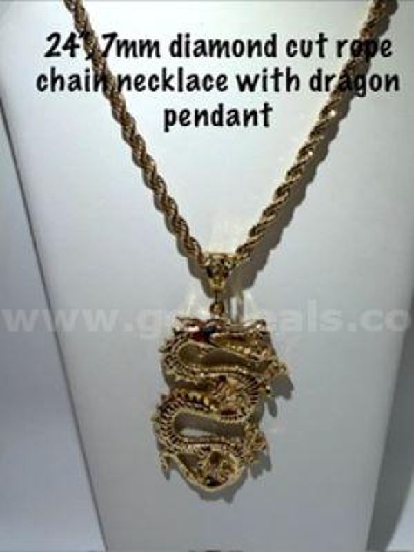 Large, Attractive, 24kt Gold Filled, Dragon Pendant, W/7MM, 24", Diamond Cut Rope Chain