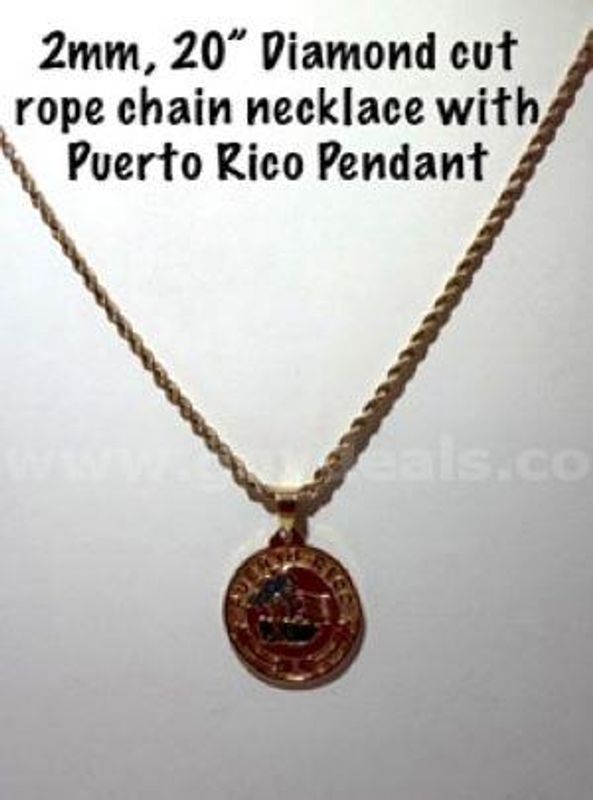 20”, 2MM, 24kt Gold Filled, Diamond Cut Rope Chain W/Enamel Puerto Rico Pendant