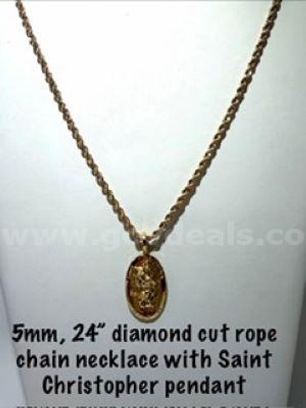 Beautiful, St. Christopher Pendant, W/5MM, 24", Diamond Cut, 24kt Gold Filled, Rope Chain
