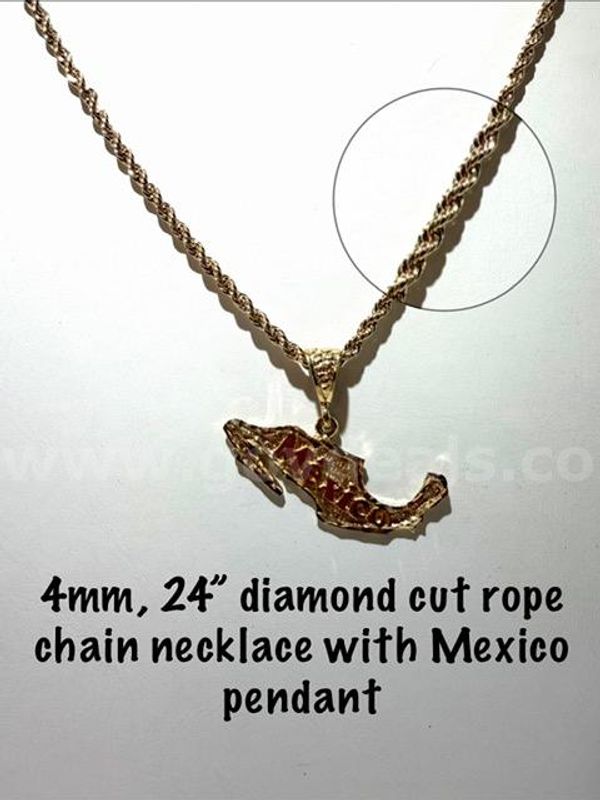 Beautiful, 4MM, 24 Inch, Diamond Cut, 24kt Gold Filled, Rope Chain W/Mexico Pendant