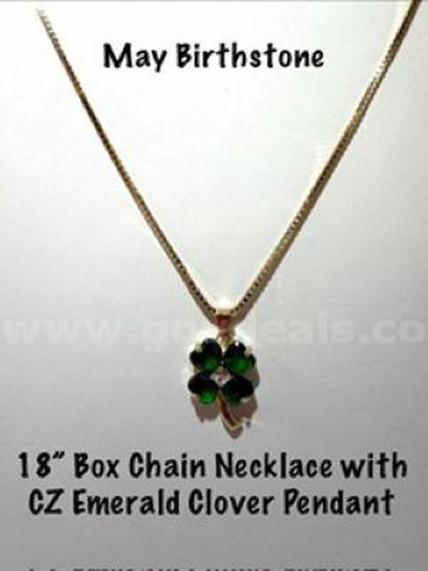 Beautiful, Cubic Zirconia Emerald Clover Pendant, W/18 Inch, 24kt Gold Filled Box Chain