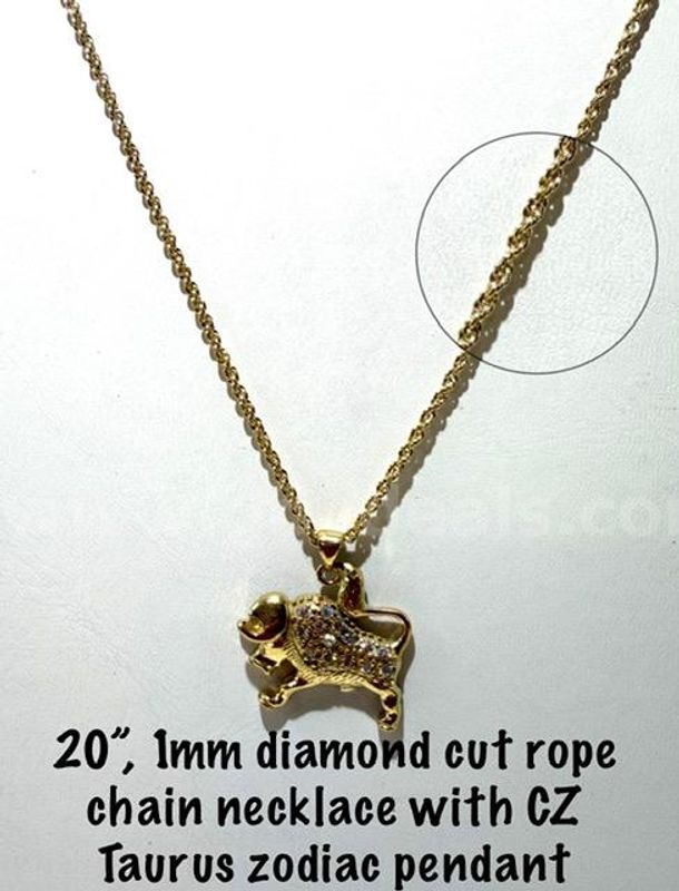 Beautiful, 20 Inch, 1MM, Diamond Cut, 24kt Gold Filled, Rope Chain, W/CZ Taurus Zodiac Pendant