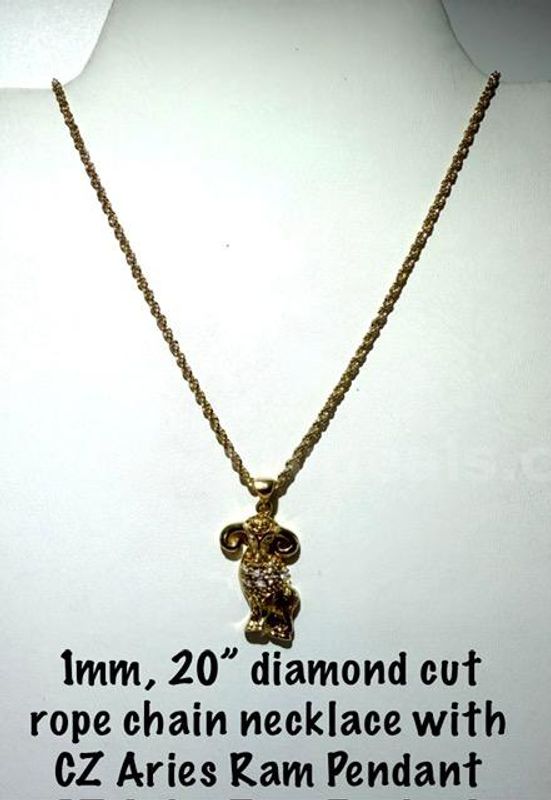 24kt Gold Filled, CZ Aries Ram Pendant, W/20”, 1MM Diamond Cut Rope Necklace