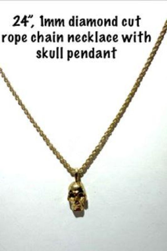Stunning, 1 MM, 24 Inch, Diamond Cut, 24kt Gold Filled, Rope Chain W/Skull Pendant