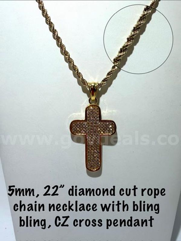 Gorgeous, CZ Diamond, Bling Cross, W/5MM, 22”, Diamond Cut, 24kt Gold Filled, Rope Chain