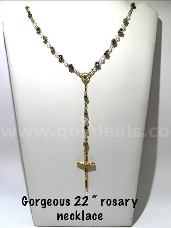 Beautiful, 24kt Gold Filled, 22 Inch, Cubic Zirconia, Rosary Necklace