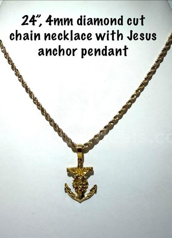 Stunning, 4MM, 24 Inch, Diamond Cut, 24kt Gold Filled, Rope Chain W/Jesus Anchor Pendant